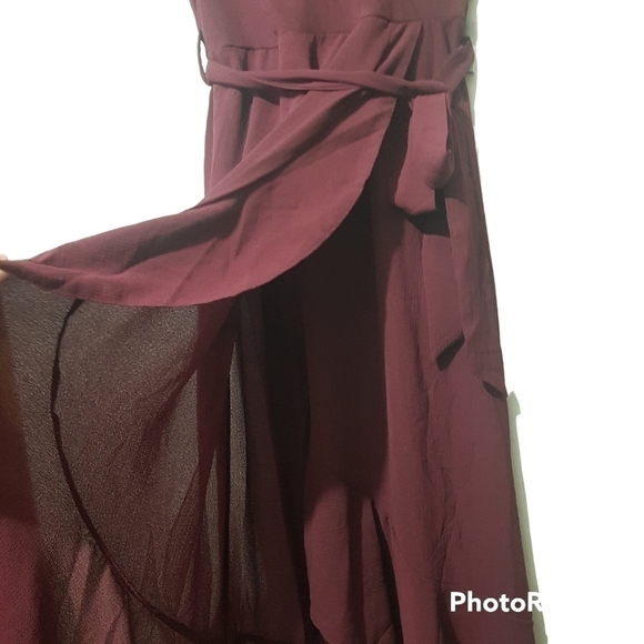 Ax Paris Plum Frill Faux Wrap Belted High Low Sleeveless Maxi Dress - Picture 5 of 15